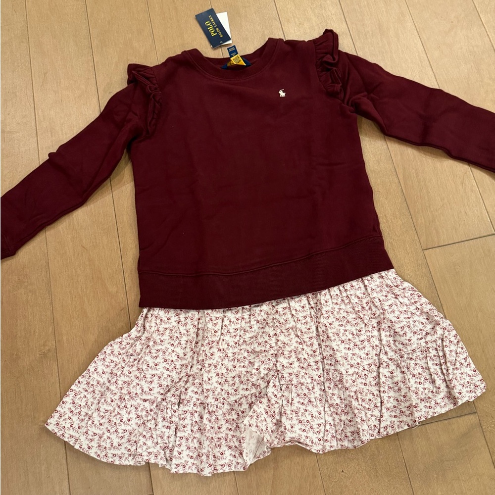 Ralph Lauren Girl’s Burgundy Sweatshirt Dress with Floral Skirt